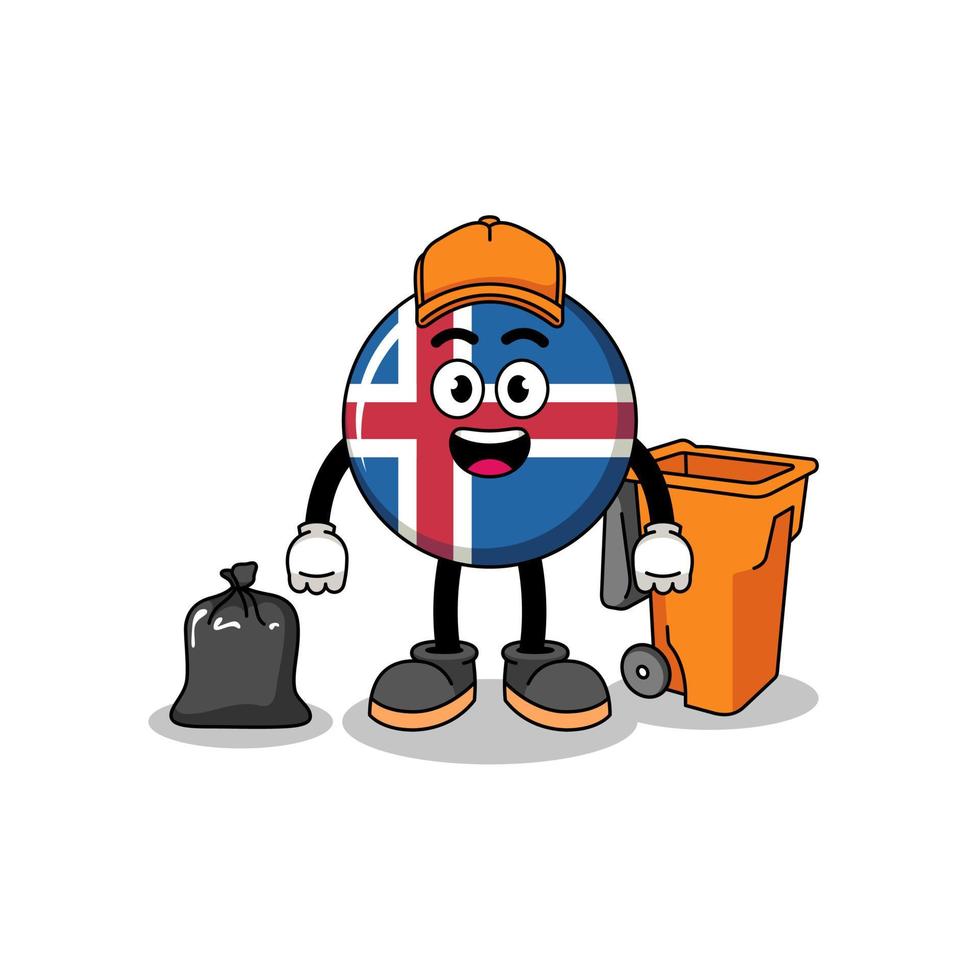 illustration du dessin animé du drapeau de l'islande en tant que ramasseur d'ordures vecteur