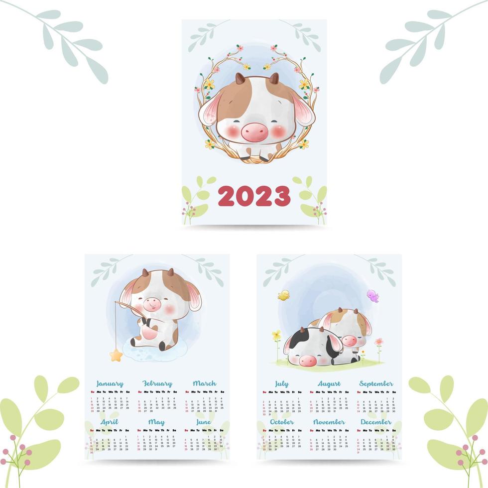 calendrier 2023 avec style aquarelle d'illustration d'animaux mignons vecteur
