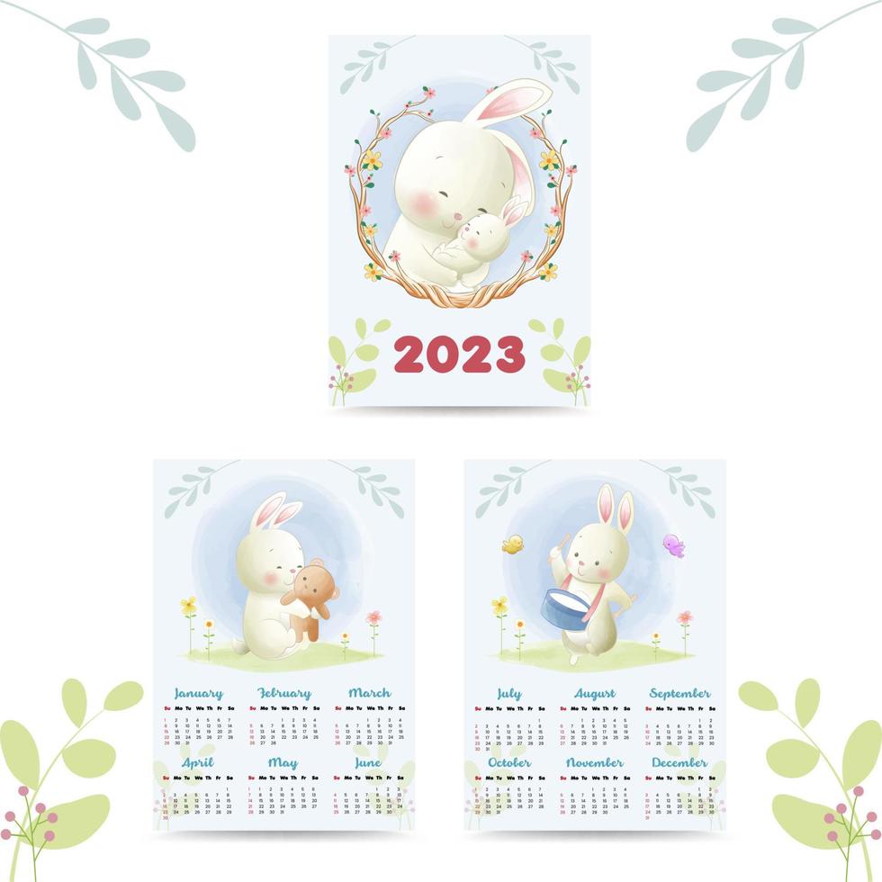 calendrier 2023 avec style aquarelle d'illustration d'animaux mignons vecteur