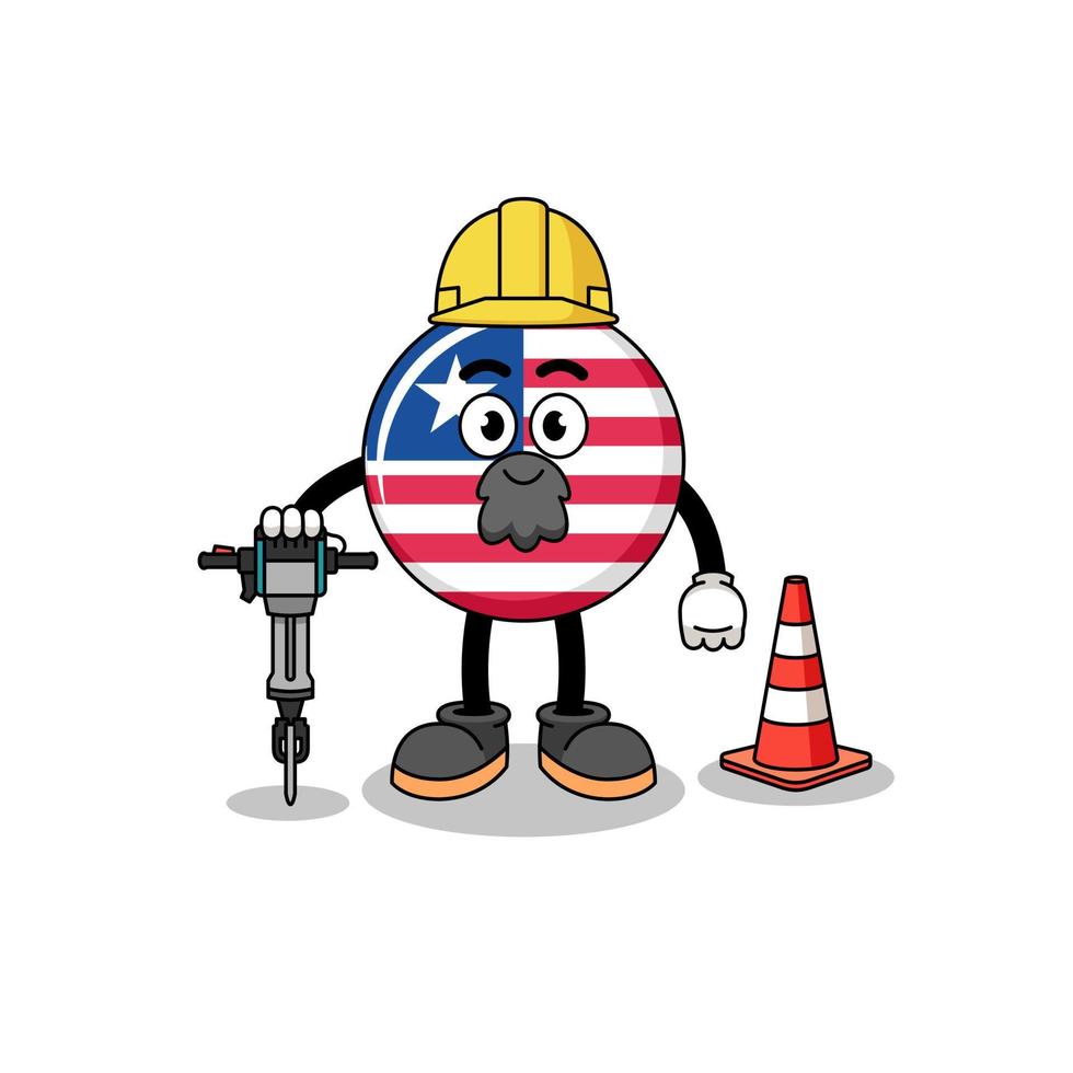 caricature de personnage du drapeau du libéria travaillant sur la construction de routes vecteur