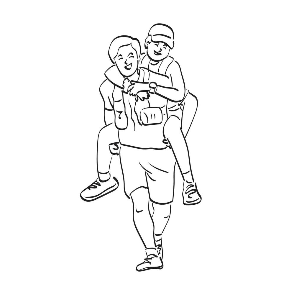 masterbgline art souriant couple sportif piggy back illustration vecteur dessiné à la main isolé sur fond blanc