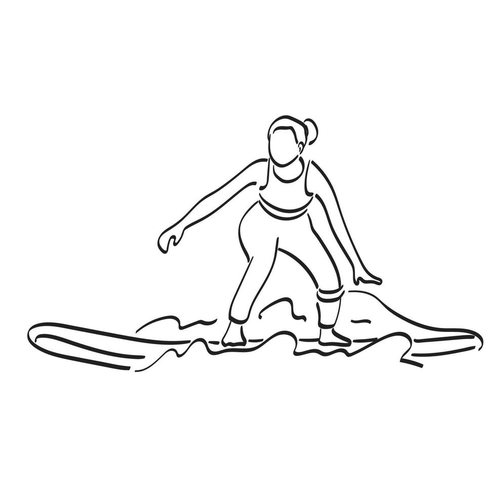 dessin au trait femme en vêtements de sport debout sur planche de surf illustration vecteur dessiné à la main isolé sur fond blanc