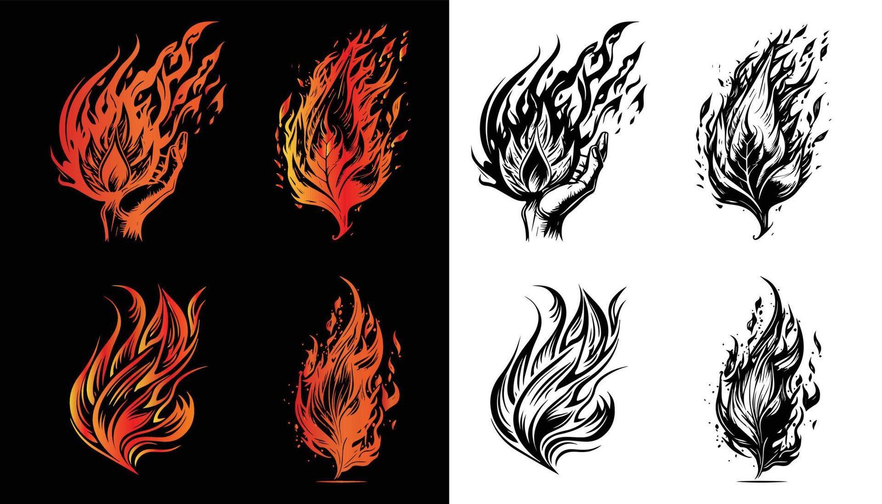 icône de flamme de feu, vecteur de logo avec contour noir et dégradé de feu. ensemble de vecteurs d'icônes de feu