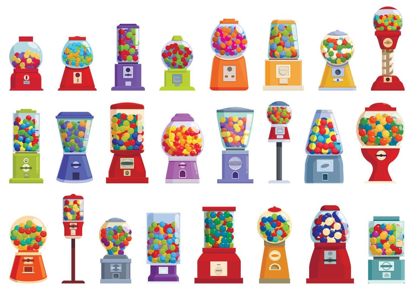 les icônes de la machine à chewing-gum définissent un vecteur de dessin animé. bonbons à la gomme