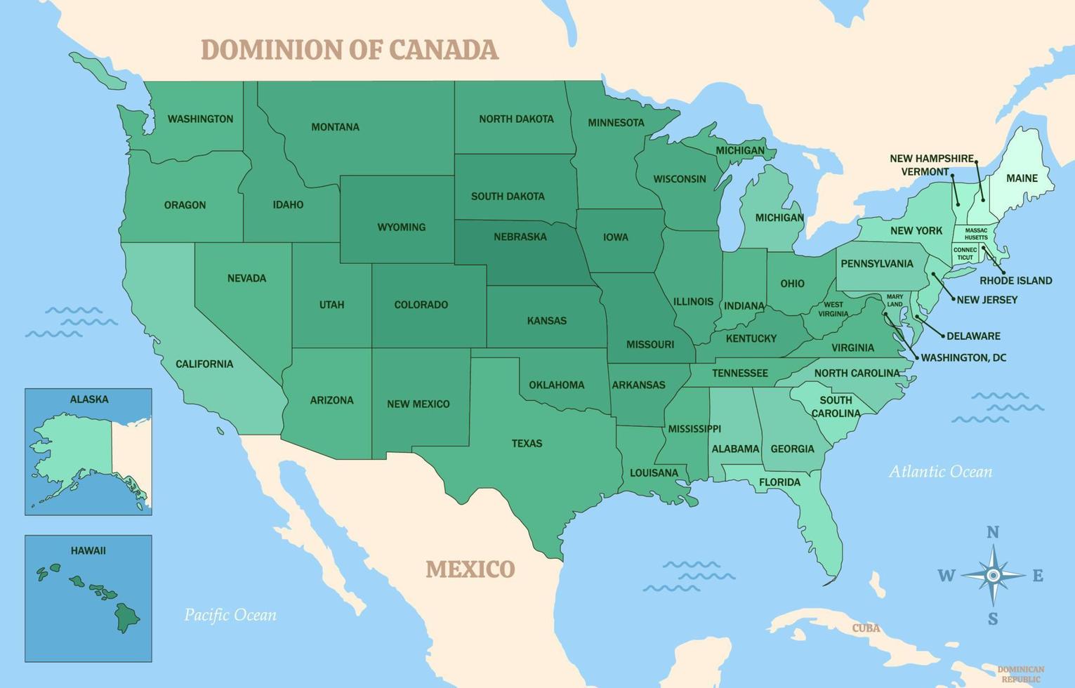 carte des états-unis d'amérique avec détail indique le nom vecteur