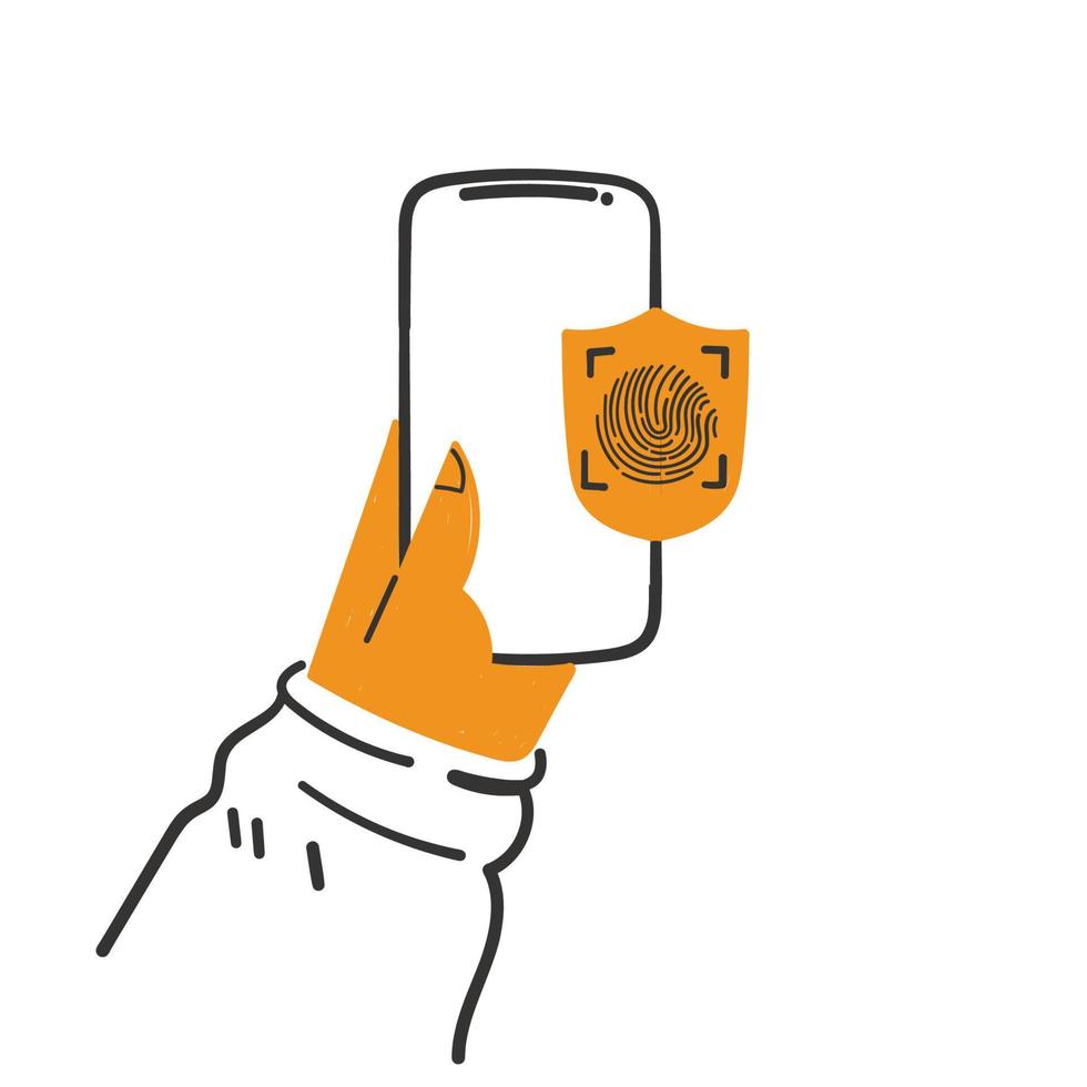 main doodle dessiné à la main tenant le téléphone avec illustration de bouclier d'empreintes digitales vecteur