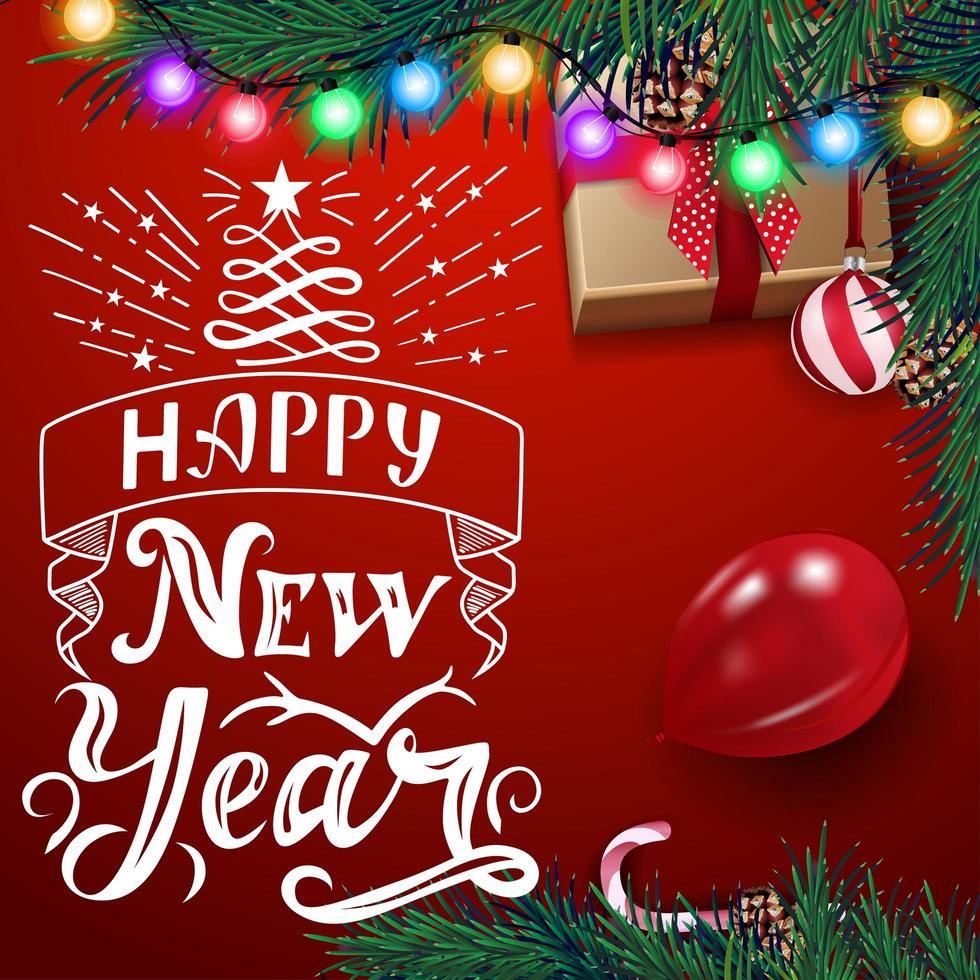Bonne année, carte postale carrée rouge avec beau lettrage, guirlande, arbre de Noël, ballon, ballon, cadeau et boîte de bonbons, vue de dessus vecteur