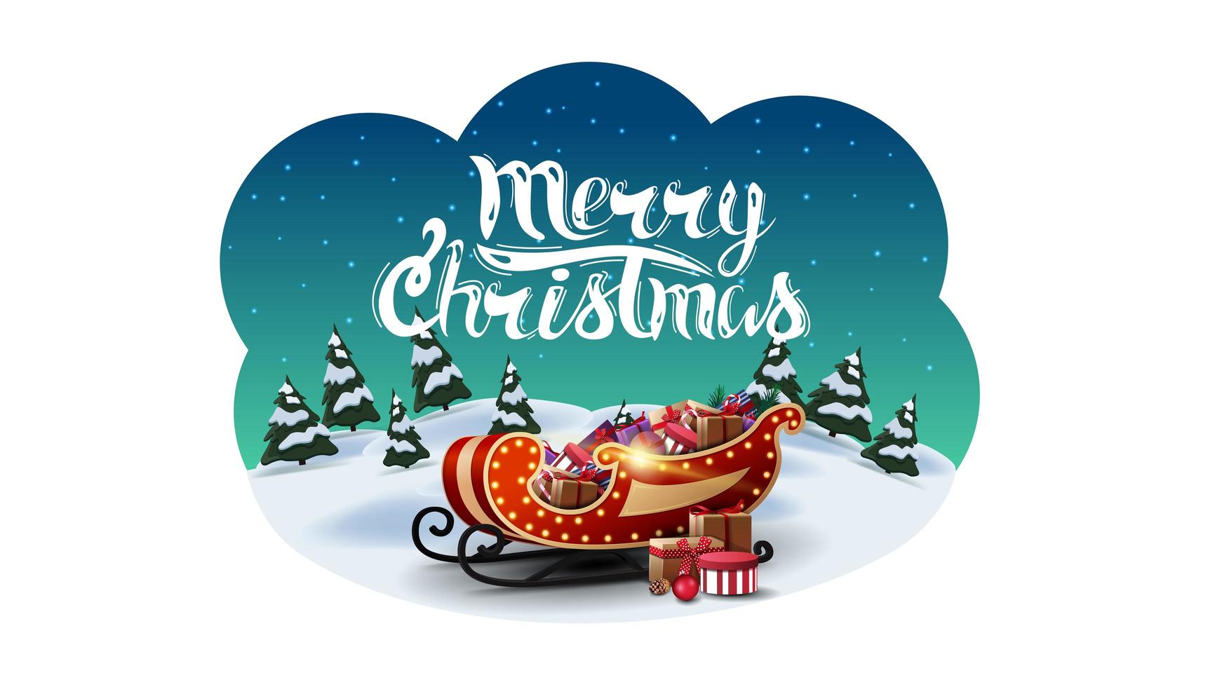 Joyeux Noël, carte postale de voeux sous la forme de nuage abstrait avec paysage de dessin animé d'hiver et traîneau de père Noël avec des cadeaux vecteur