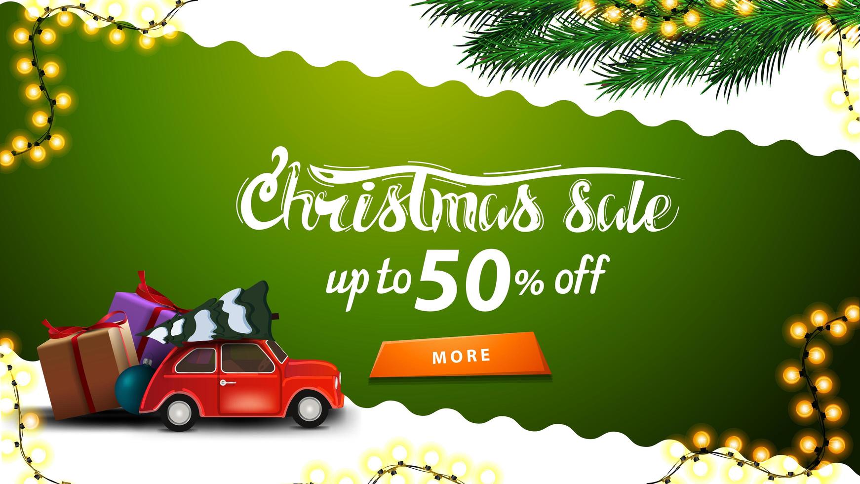 vente de Noël, jusqu'à 50 de réduction, bannière de réduction verte et blanche avec ligne diagonale ondulée, bouton orange, branches d'arbre de Noël et voiture vintage rouge portant arbre de Noël vecteur