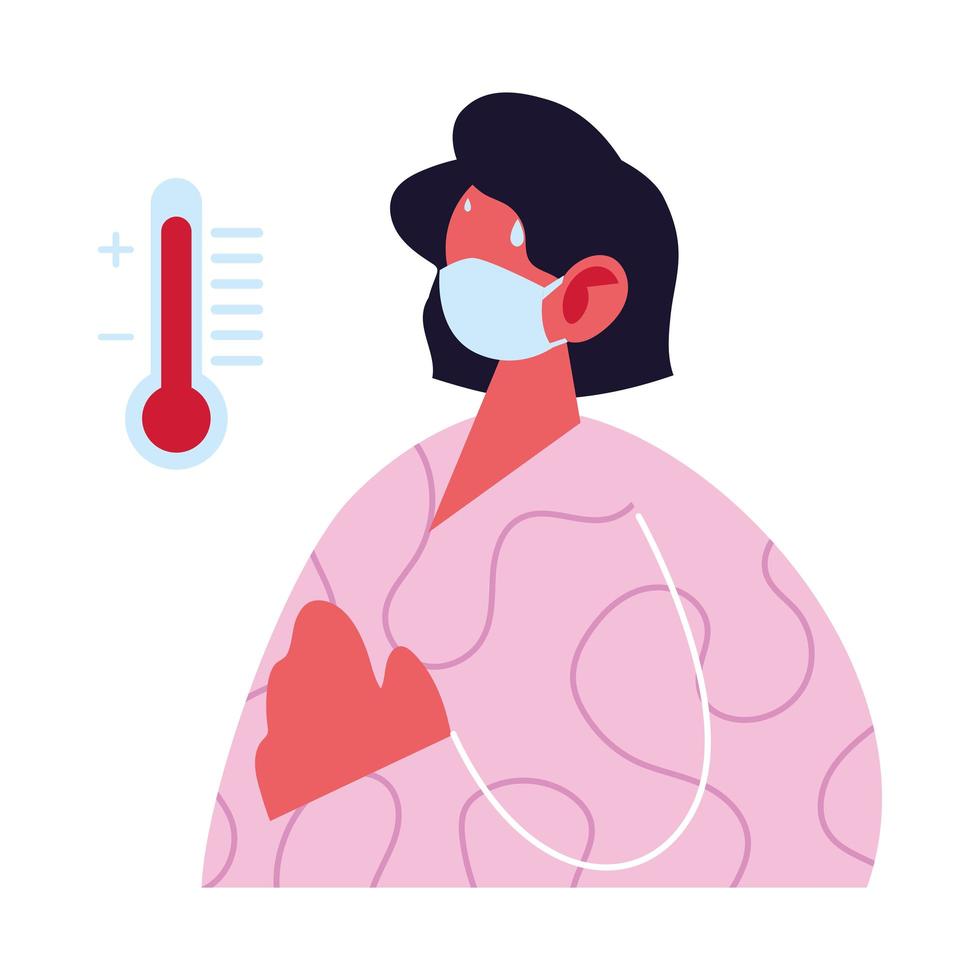 dessin animé avatar femme avec masque et conception de vecteur de thermomètre