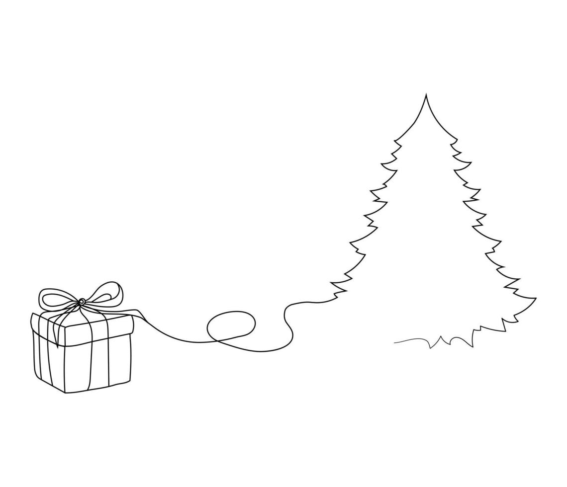 dessin continu d'un sapin de noël et d'un cadeau. minimalisme de vecteur pour la bannière de célébration de vacances.