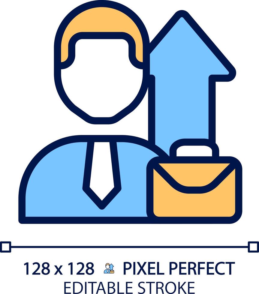 icône de couleur RVB parfaite de pixel de promotion d'emploi. évolution de carrière. changer de poste de travail. homme d'affaire. augmentation de salaire et de statut. illustration vectorielle isolée. dessin au trait rempli simple. trait modifiable vecteur