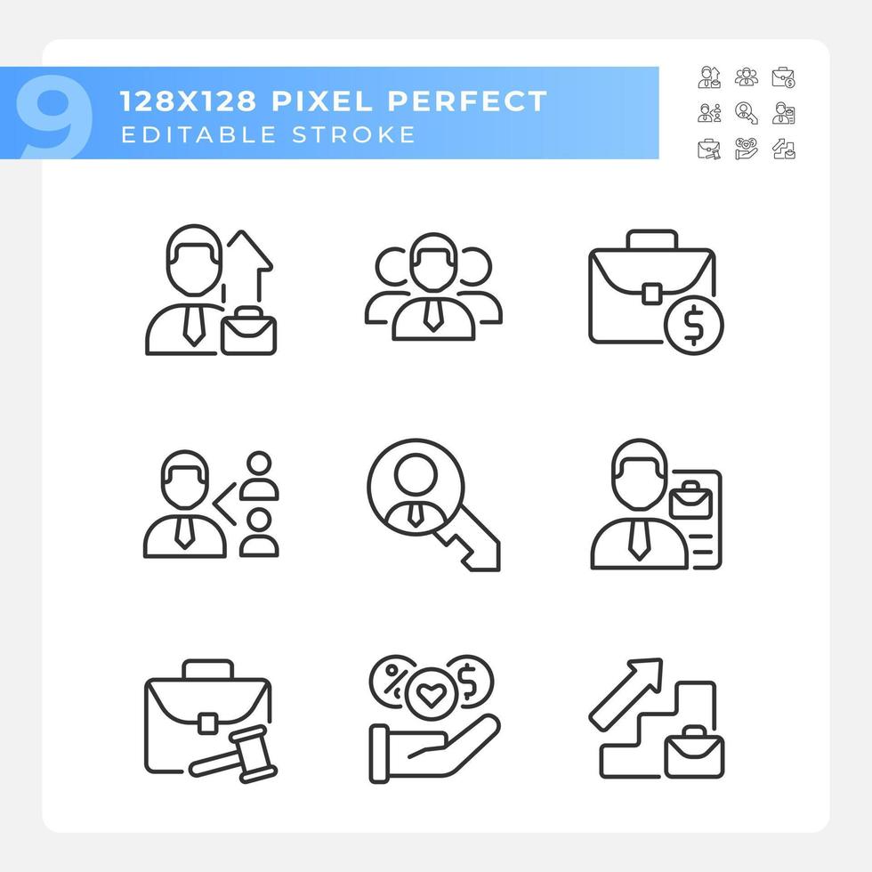 ensemble d'icônes linéaires pixel parfaites liées au travail. processus d'embauche. Employé. salaire. développement de carrière. symboles de lignes fines personnalisables. illustrations vectorielles isolées. trait modifiable vecteur