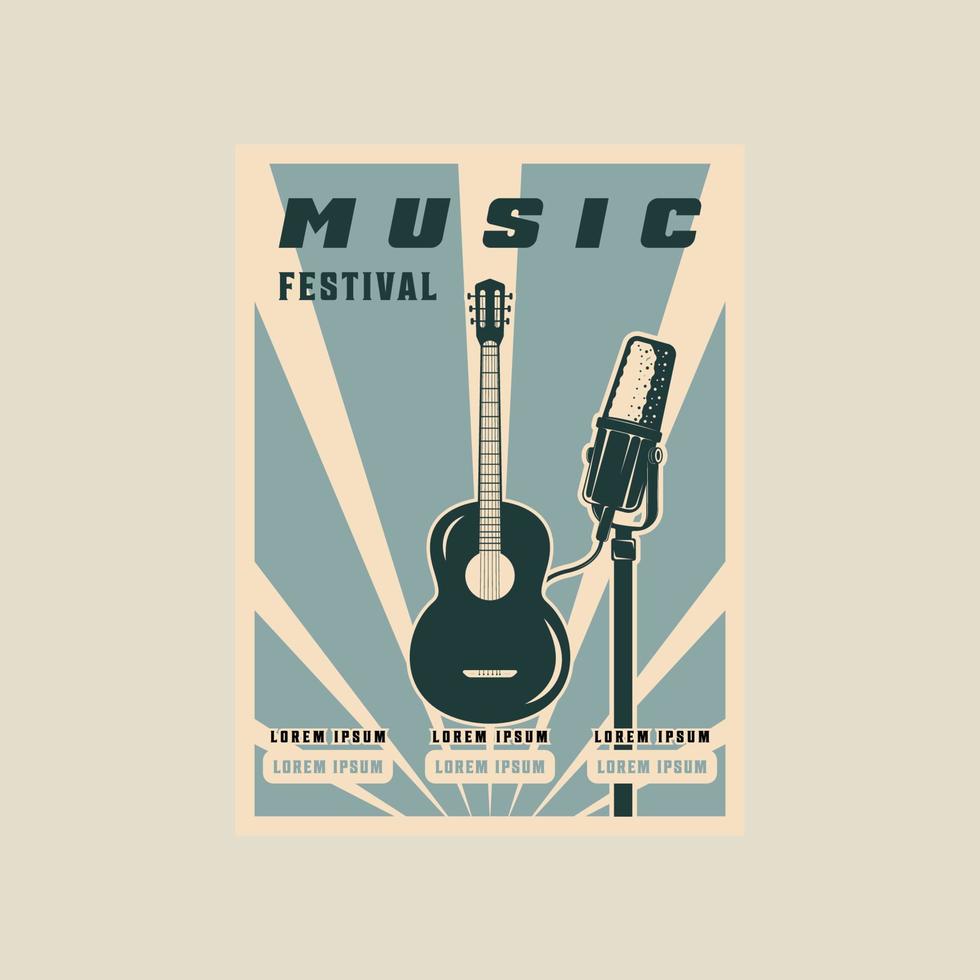 microphone et guitare acoustique affiche vectorielle conception graphique de modèle d'illustration minimaliste vintage. invitation à la bannière du festival de la chanson ou inscription musique live et place pour le texte dans un style rétro vecteur