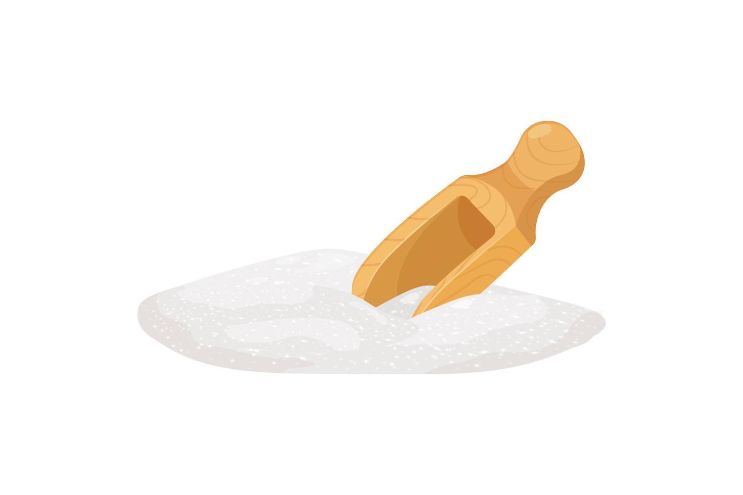 tas de sucre avec cuillère en bois. verser la farine à la spatule. illustration de vecteur de sel de mer isolé sur fond blanc