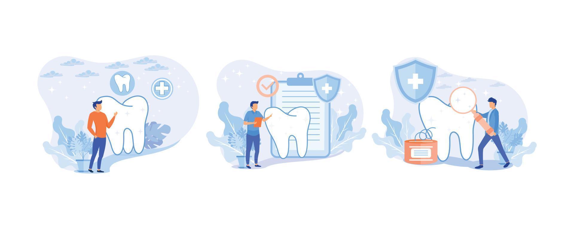 ensemble d'illustration de soins dentaires. médecin dentiste et personnel médical prenant soin des dents. nettoyage professionnel des dents, traitement et hygiène bucco-dentaire. concept d'assurance dentaire santé vecteur