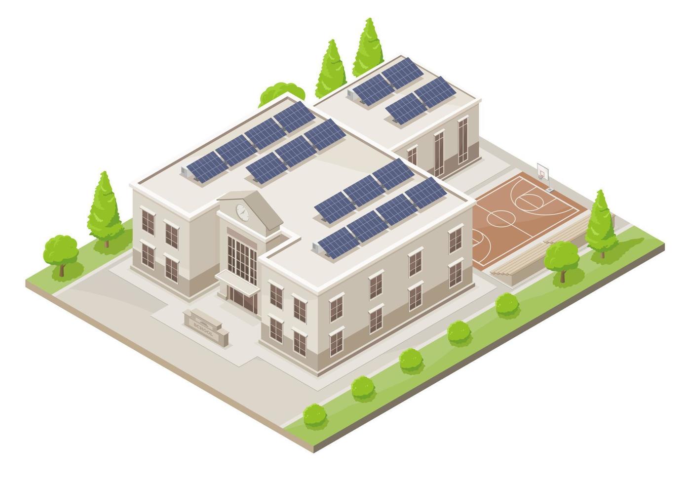 panneaux solaires sur le toit du bureau du gouvernement de l'école écologie usd concept de cellule solaire isométrique isolé illustration dessin animé vecteur