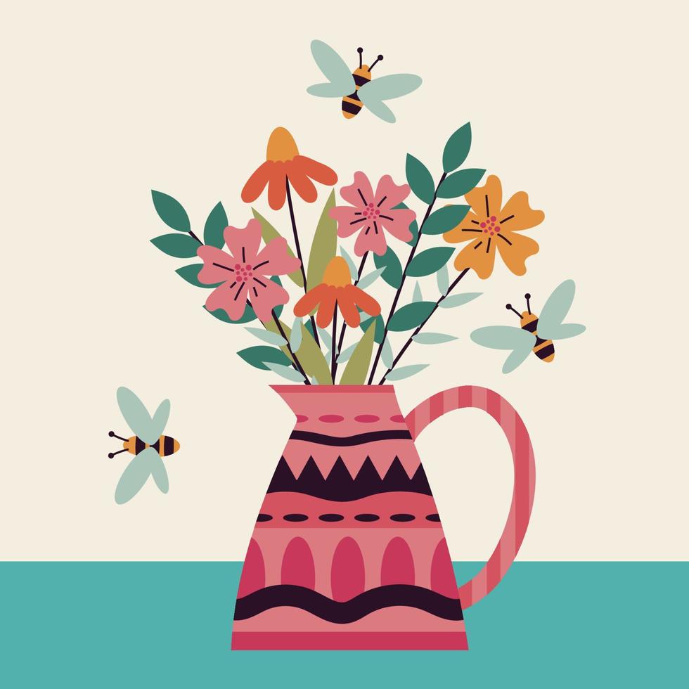 carte de printemps, invitations, impression, bonjour printemps. modèle carré avec des fleurs dans un vase rose et des abeilles, sur une table verte. illustration vectorielle. vecteur