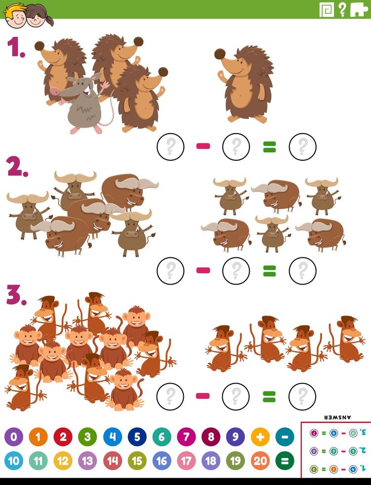 tâche éducative de soustraction mathématique avec des animaux vecteur