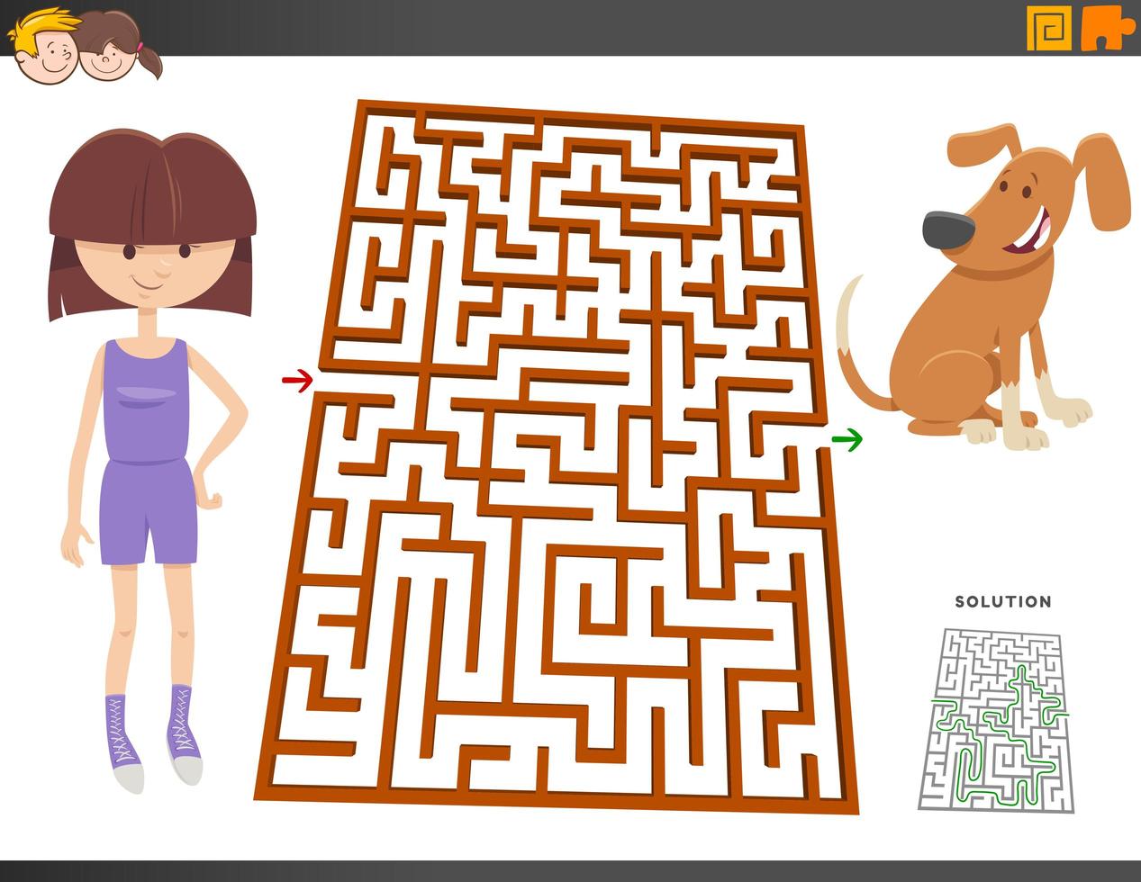 jeu de labyrinthe avec dessin animé fille et chiot vecteur