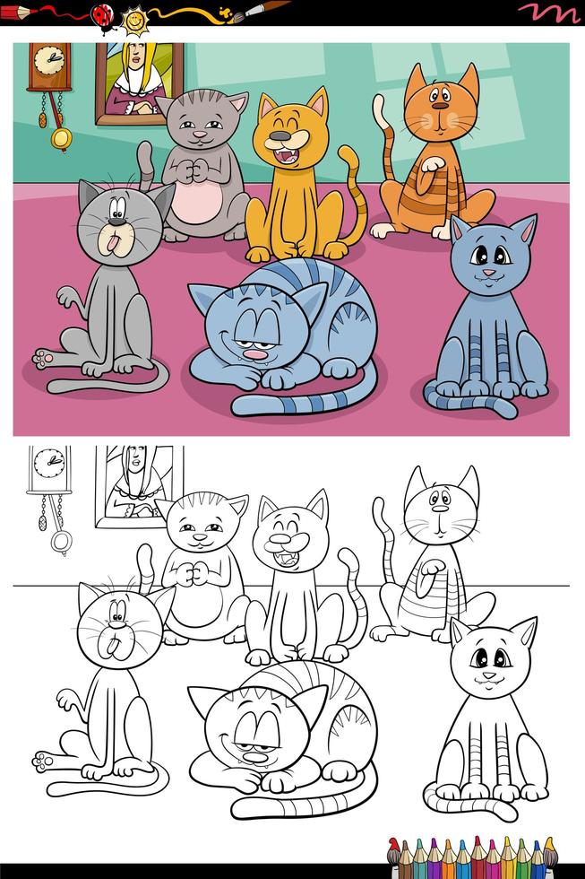 dessin animé drôle chats groupe page de livre de coloriage vecteur