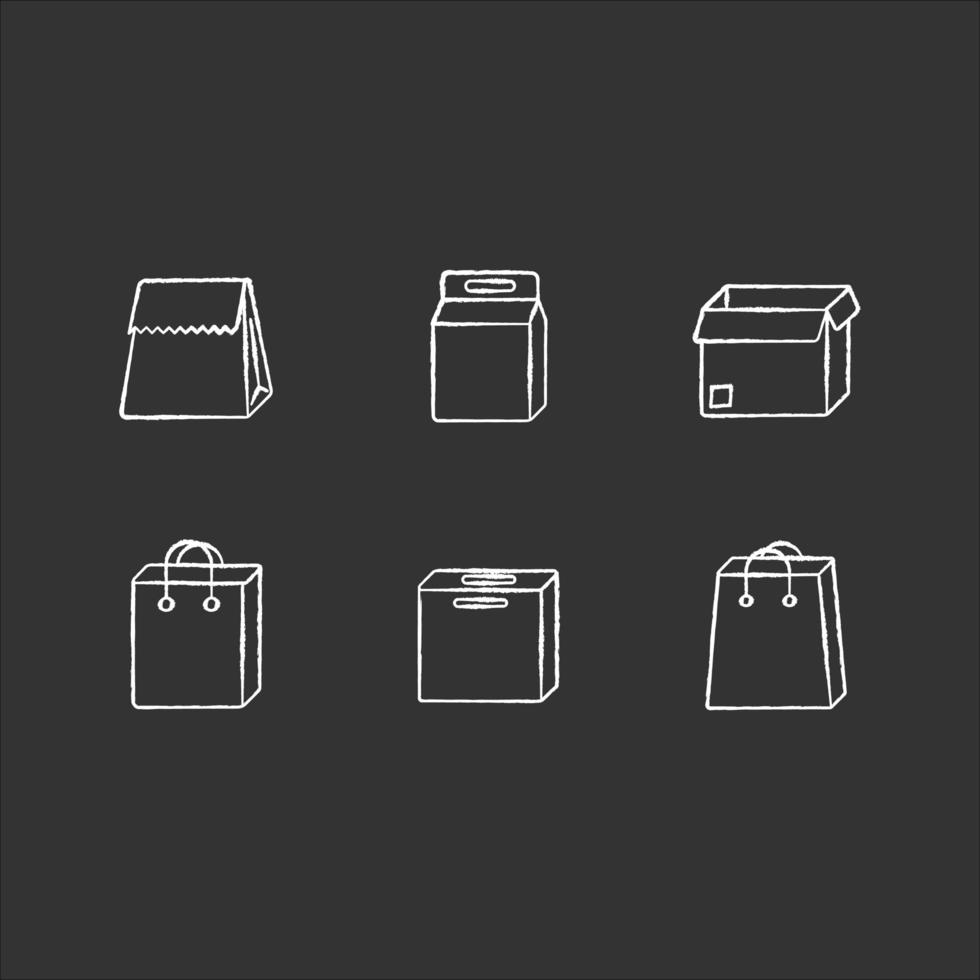 emballages alimentaires en papier craie icônes blanches sur fond noir. cartons, sacs pour produits, repas. contenants jetables pour déjeuner, épicerie. illustrations de tableau vectoriel isolé