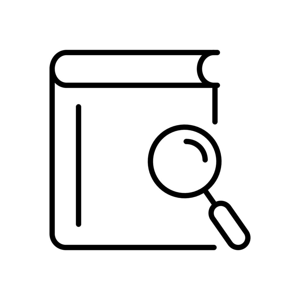 loupe avec icône de ligne de livre. signe de contour de livres de recherche. icône linéaire de librairie. bouton de recherche pour les pages Web. symbole de la bibliothèque et de la librairie. trait modifiable. illustration vectorielle isolée. vecteur