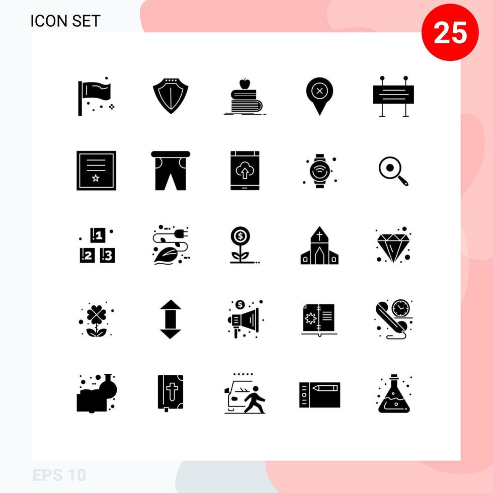 25 concept de glyphe solide pour les sites Web mobiles et les applications carte broche protéger ajouter des livres éléments de conception vectoriels modifiables vecteur