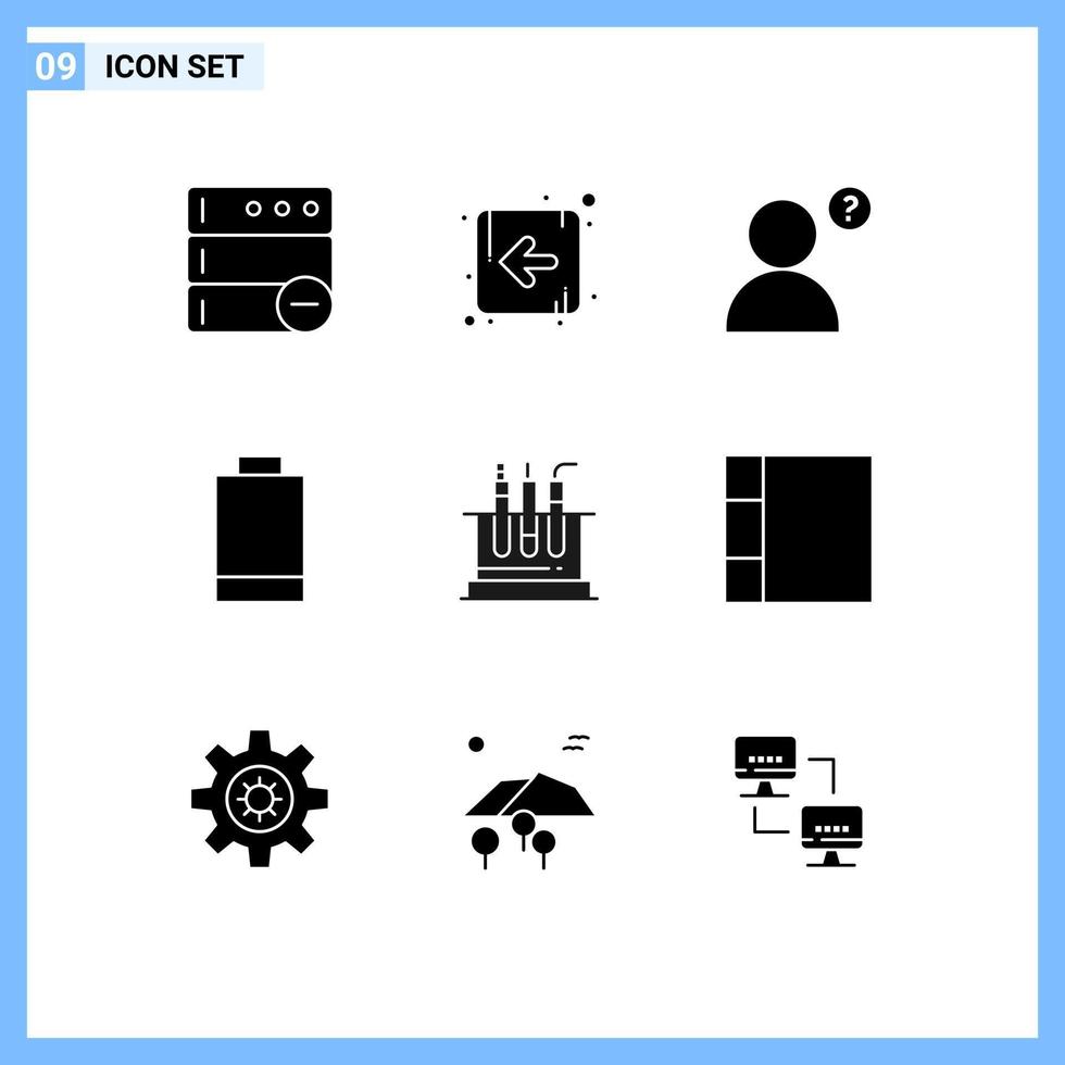 pack de glyphes solides de 9 symboles universels d'éléments de conception vectorielle modifiables de test médical de batterie de grille vecteur