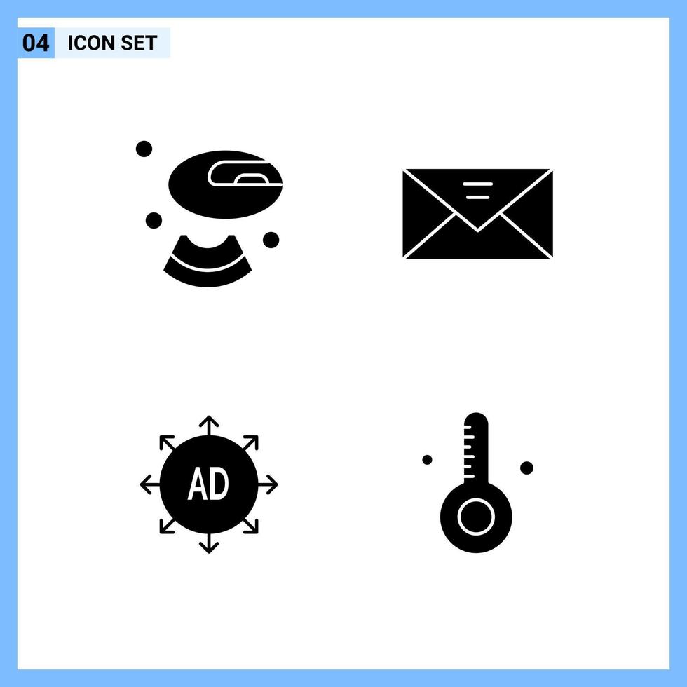 4 icônes. symboles de glyphes créatifs de style solide. signe d'icône solide noir isolé sur fond blanc. vecteur