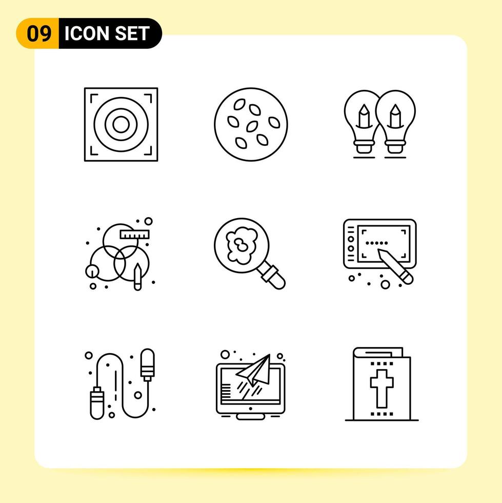 9 icônes créatives pour la conception de sites Web modernes et des applications mobiles réactives. 9 signes de symboles de contour sur fond blanc. Pack de 9 icônes. vecteur