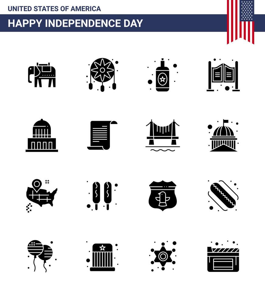 gros pack de 16 usa joyeux jour de l'indépendance usa vecteur glyphes solides et symboles modifiables des états-unis ville bouteille bâtiment saloon modifiable usa day vector design elements