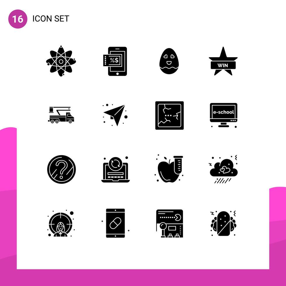 16 concept de glyphe solide pour les sites Web mobiles et applications ascenseur grue oeuf gagner badges éléments de conception vectoriels modifiables vecteur