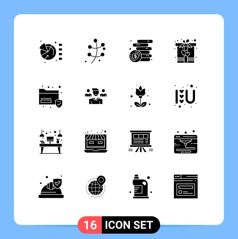 pack de 16 signes et symboles de glyphes solides modernes pour les supports d'impression Web tels que le dossier coeur finance présent boîte éléments de conception vectoriels modifiables vecteur