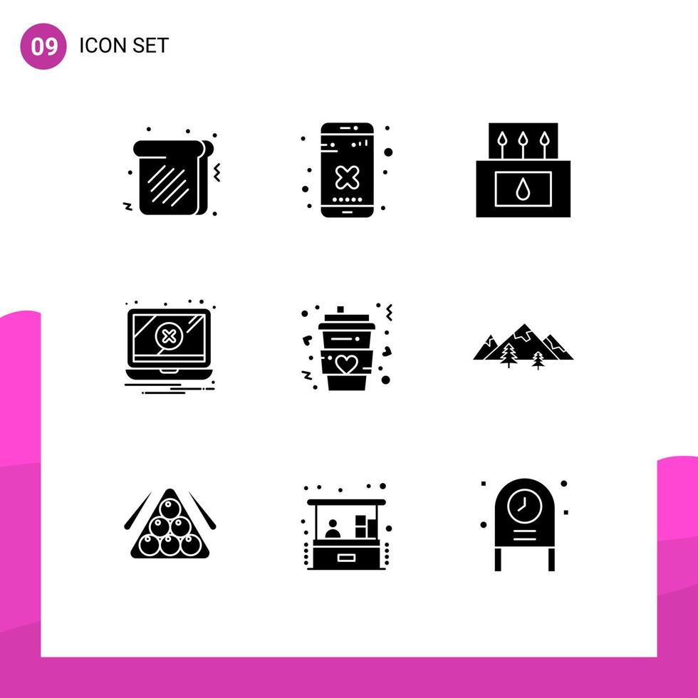 9 glyphes solides universels définis pour les applications web et mobiles buvez un camp de café notification d'avertissement éléments de conception vectoriels modifiables vecteur