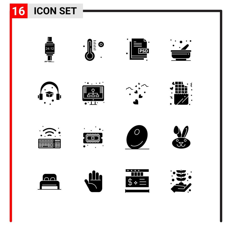 ensemble de pictogrammes de 16 glyphes solides simples d'éléments de conception vectoriels modifiables de type de fichier de cuisine créative de mortier de casquette vecteur