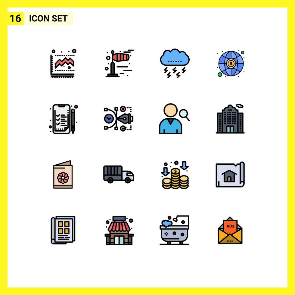 interface mobile ligne remplie de couleurs plates ensemble de 16 pictogrammes d'analyse de travail nuage argent éléments de conception vectoriels créatifs modifiables mondiaux vecteur