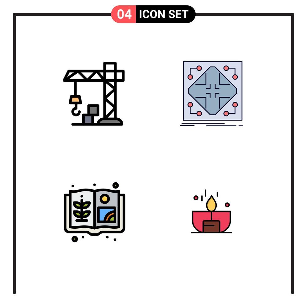 groupe de 4 signes et symboles de couleurs plates remplies pour les éléments de conception vectoriels modifiables de bougie de matrice de données de livre d'architecture vecteur