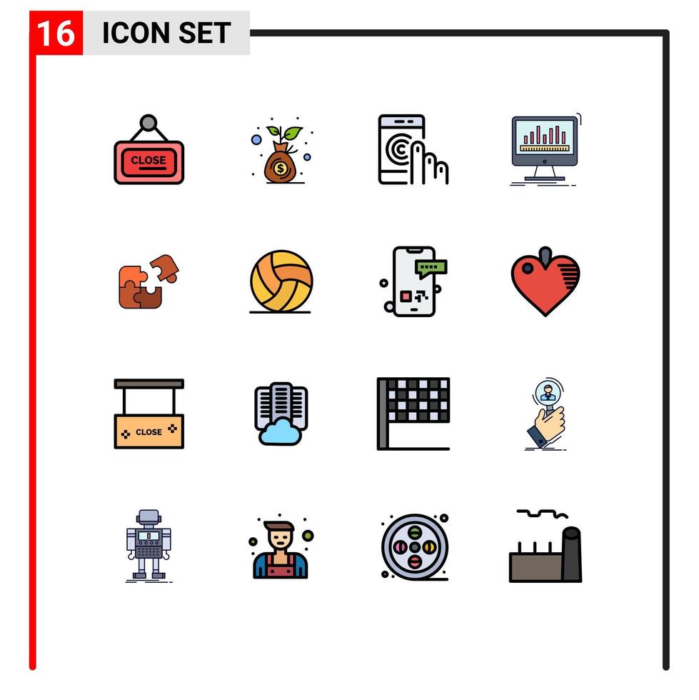ensemble moderne de 16 lignes remplies de couleurs plates pictogramme de tableau de bord de statistiques prise en charge du traitement des clics éléments de conception vectoriels créatifs modifiables vecteur