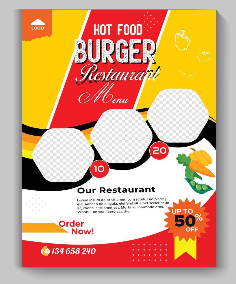 conception de flyer de restauration rapide de restaurant délicieux. couverture de repas chinois du menu du jour, brochure de restauration rapide burger, modèle de vecteur de plats chauds, dépliant de livre de menu de restaurant burger.