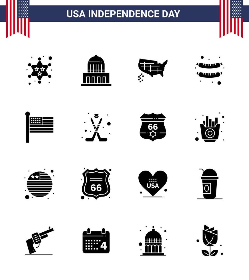 groupe de 16 glyphes solides définis pour le jour de l'indépendance des états-unis d'amérique tels que le drapeau uni carte saucisse nourriture modifiable usa day vector design elements