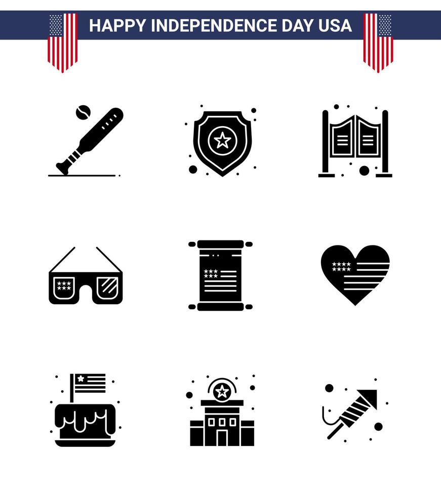 joyeux jour de l'indépendance usa pack de 9 glyphes solides créatifs de défilement signe imérique lunettes western modifiable usa day vector design elements