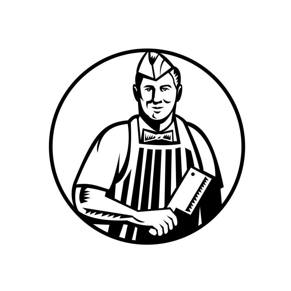 Boucher avec couteau à viande vue de face en cercle gravure sur bois noir et blanc vecteur