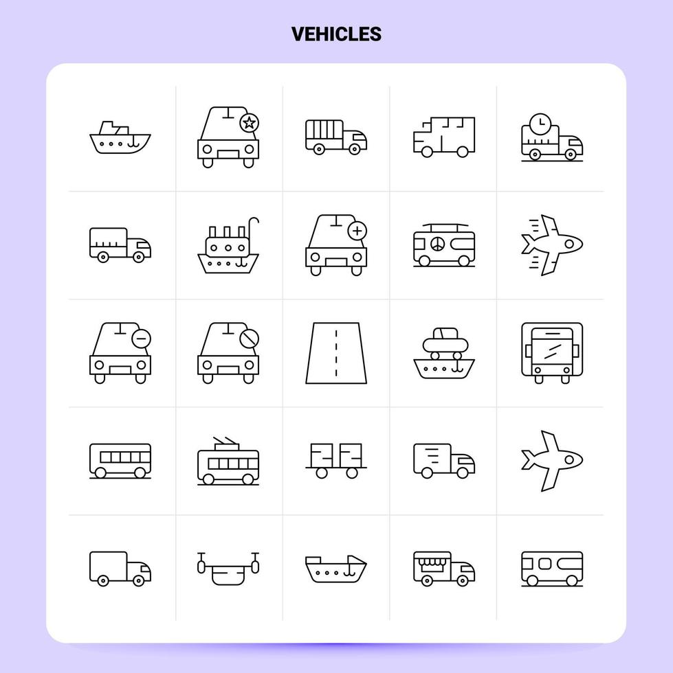 contour 25 véhicules jeu d'icônes vecteur ligne style conception noir icônes ensemble linéaire pictogramme pack web et mobile affaires idées conception illustration vectorielle