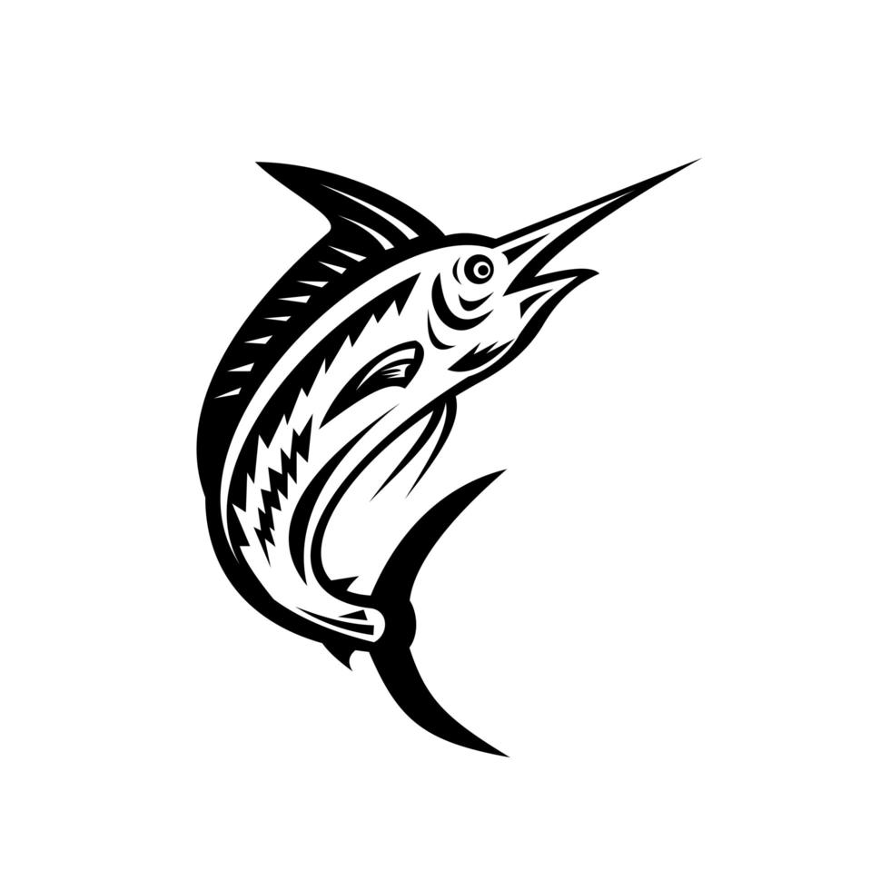 Marlin bleu de l'Atlantique sautant rétro gravure sur bois noir et blanc vecteur