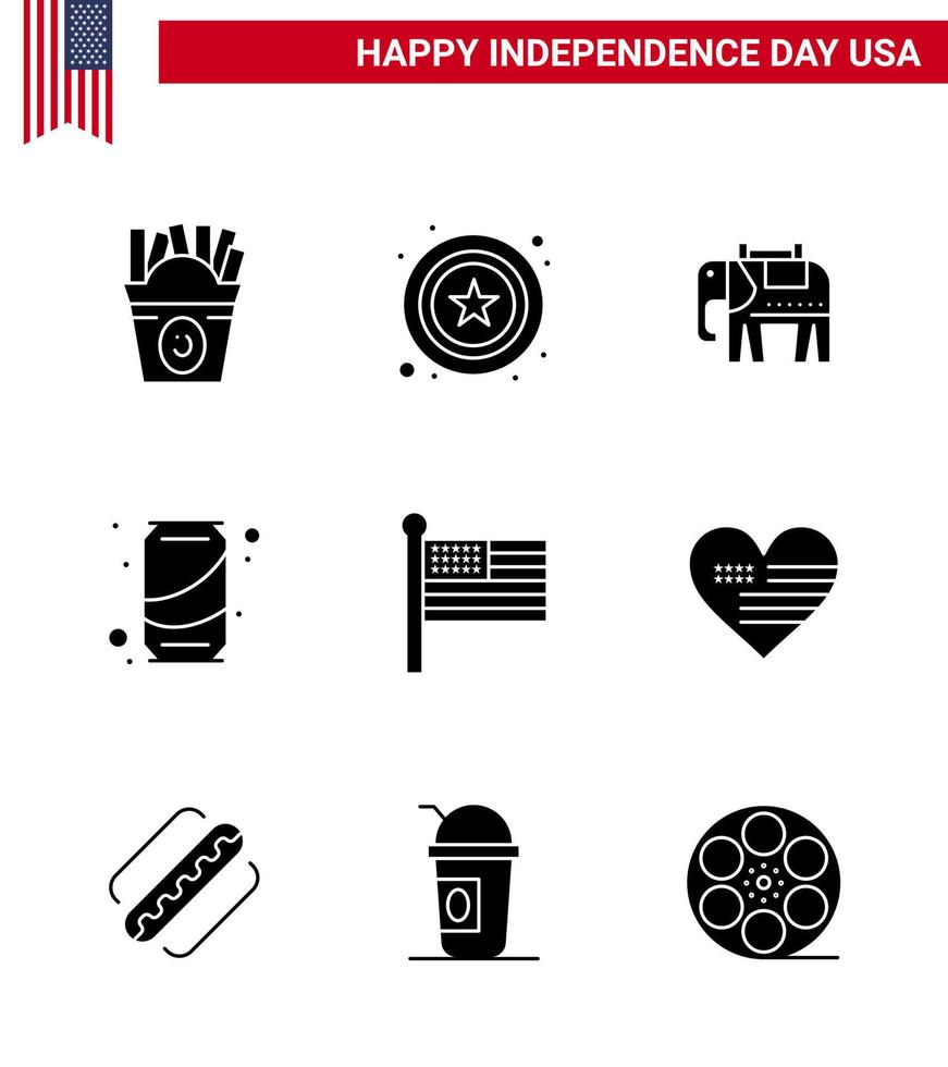 groupe de 9 glyphes solides définis pour le jour de l'indépendance des états-unis d'amérique tels que les états-unis drapeau américain soda modifiable usa day vector design elements