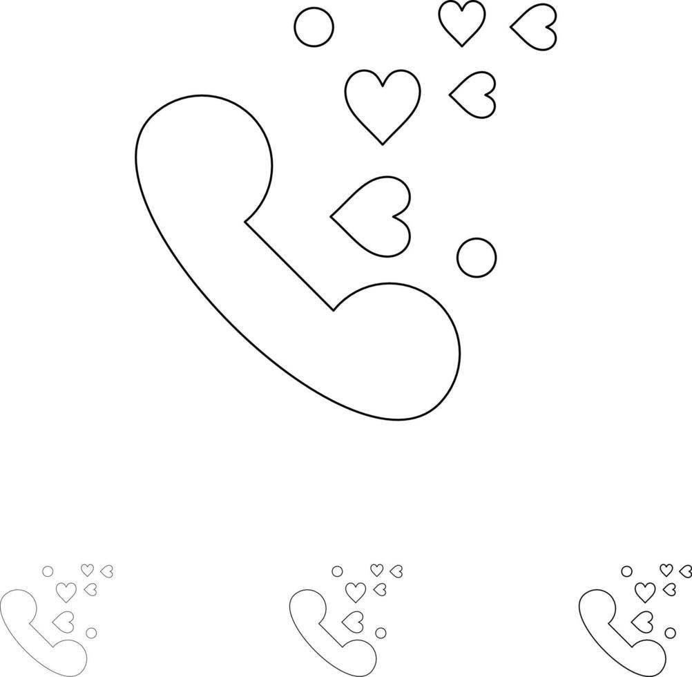 téléphone amour coeur mariage gras et mince jeu d'icônes de ligne noire vecteur