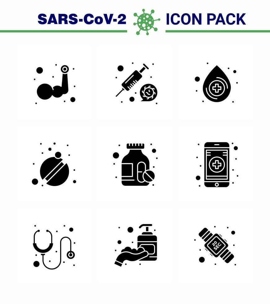 9 ensemble noir de glyphe solide d'icônes épidémiques de virus corona telles que les comprimés de vaccin de soin de bouteille de médicament médecine coronavirus viral 2019nov éléments de conception de vecteur de maladie