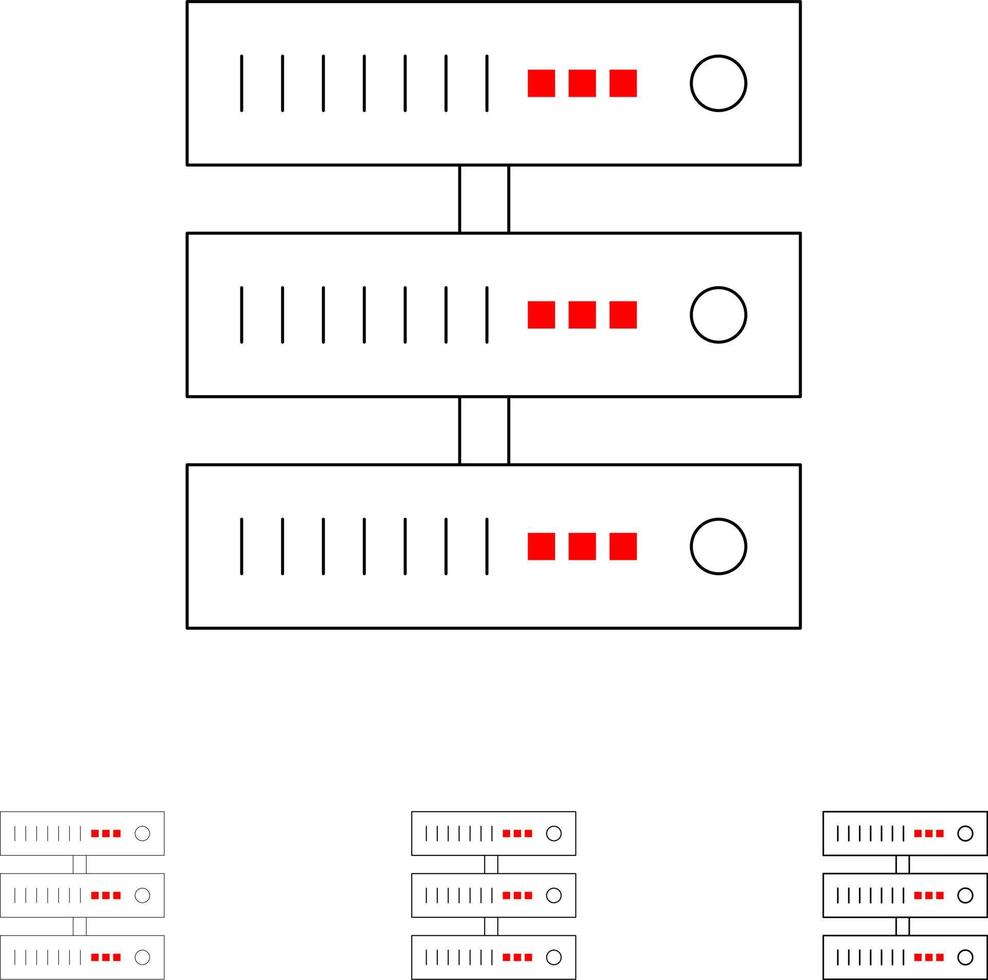 réseau de stockage de données informatique jeu d'icônes de ligne noire audacieuse et mince vecteur