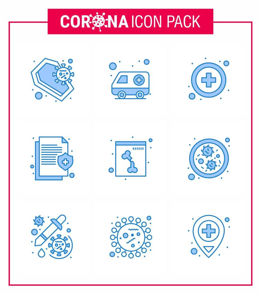 ensemble d'icônes covid19 pour l'infographie 9 pack bleu tel que l'assurance de transport médical osseux santé coronavirus viral 2019nov éléments de conception de vecteur de maladie